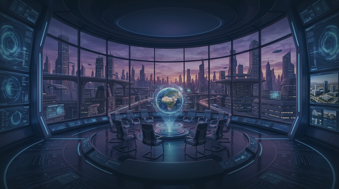 Sala del Concilio del Futuro, con el globo holográfico